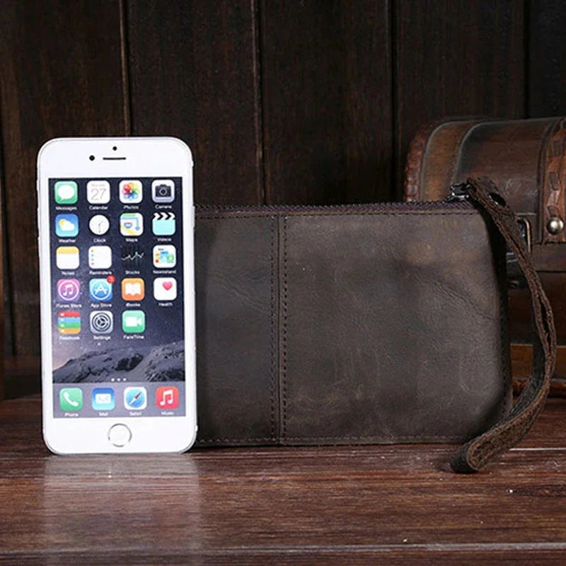 High Quality Crazy Horse Cowhide Wrist Purse Handy Pocket Male Cell Phone Case Coin Retro Genuine Leather Men Clutch Bag Wallet