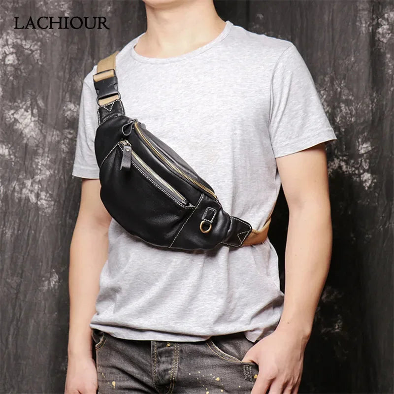 High Quality Fanny for Men Genuine Leather Fashion Party Sling Shoulder Bag Male Travel Black Waist Packs