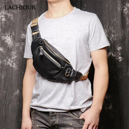 High Quality Fanny for Men Genuine Leather Fashion Party Sling Shoulder Bag Male Travel Black Waist Packs