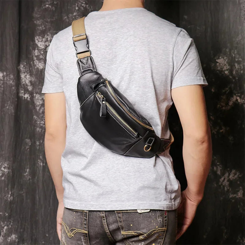 High Quality Fanny for Men Genuine Leather Fashion Party Sling Shoulder Bag Male Travel Black Waist Packs