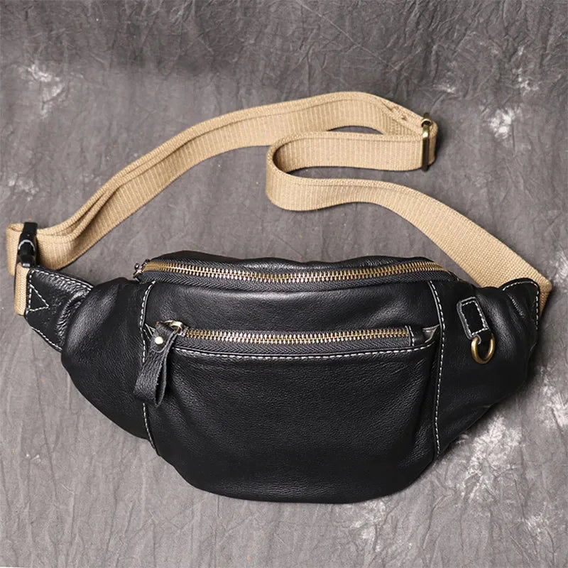 High Quality Fanny for Men Genuine Leather Fashion Party Sling Shoulder Bag Male Travel Black Waist Packs