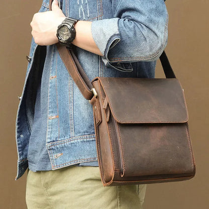 High Quality Flap Crazy Horse Shoulder Men Genuine Crossbody Bag Male Real Leather Travel Handbag Totes