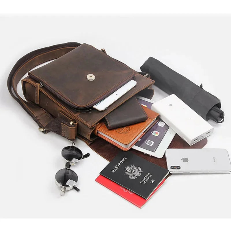 High Quality Flap Crazy Horse Shoulder Men Genuine Crossbody Bag Male Real Leather Travel Handbag Totes