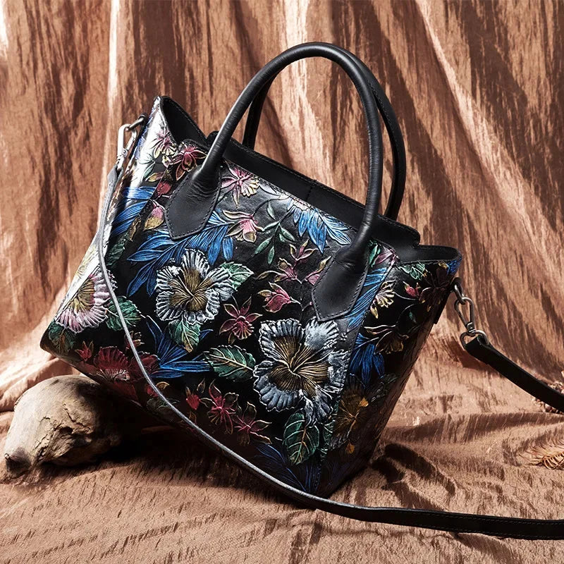 High Quality Genuine Embossed Leather Top Handle Bag Tote Large Capacity Women Natural Skin Shoulder Shopping Handbag Bags