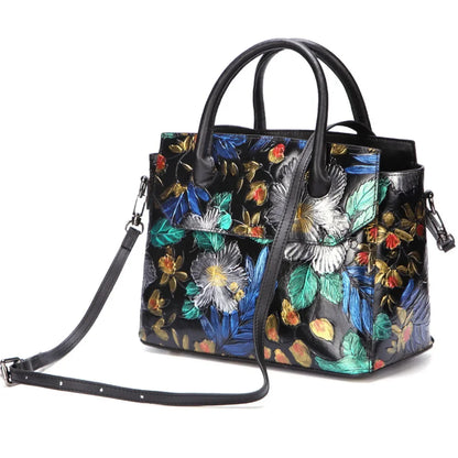 High Quality Genuine Embossed Leather Top Handle Bags Female Handbag Brush Color Floral Women Shoulder Messenger Tote Bag