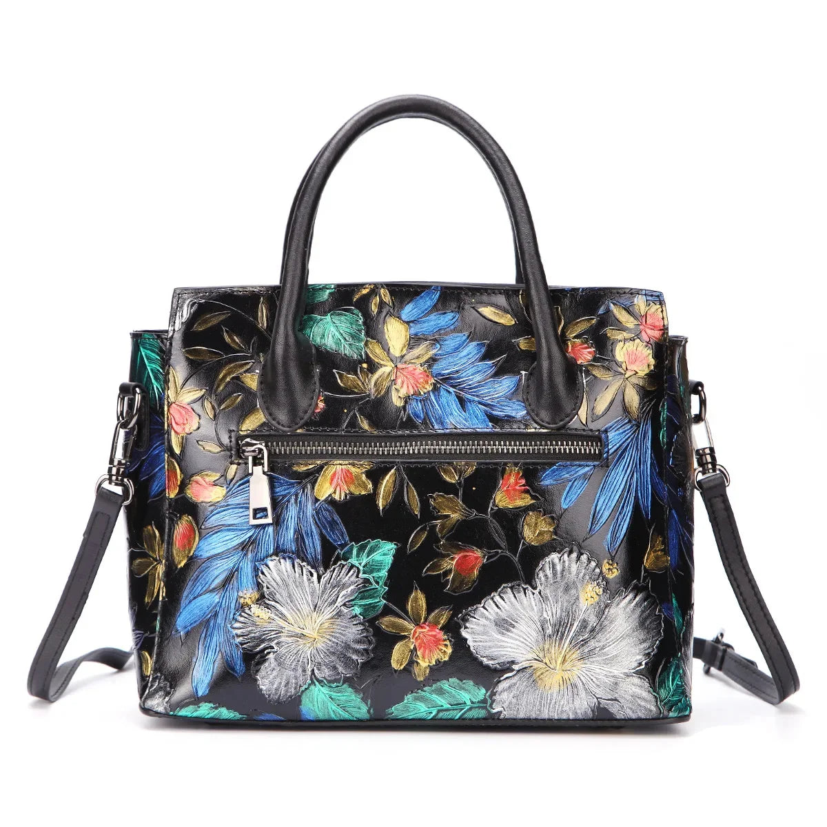 High Quality Genuine Embossed Leather Top Handle Bags Female Handbag Brush Color Floral Women Shoulder Messenger Tote Bag