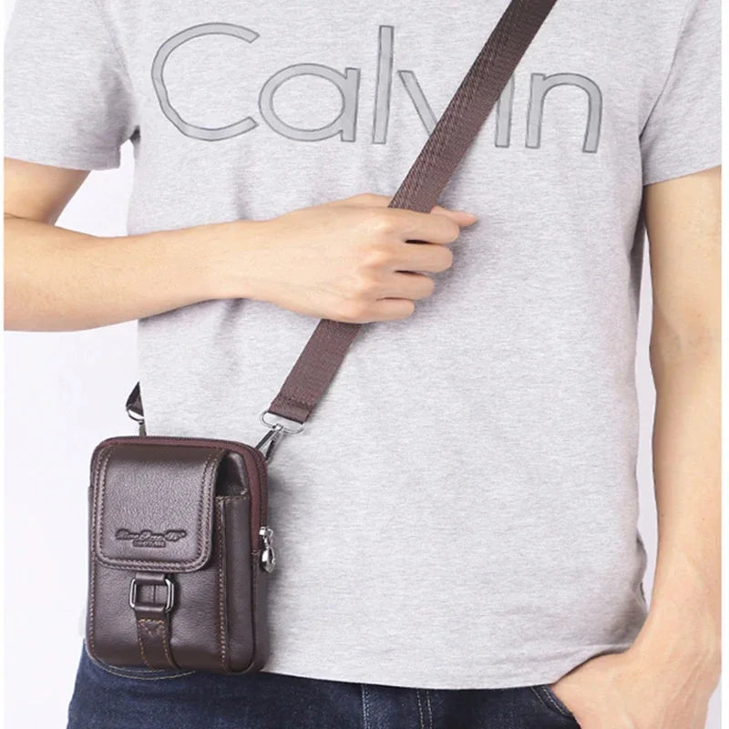 High Quality Genuine Leather Cell/Mobile Phone Case Cover Mini Belt Hook Messenger Male Retro Men Cross body Waist Pack Bag