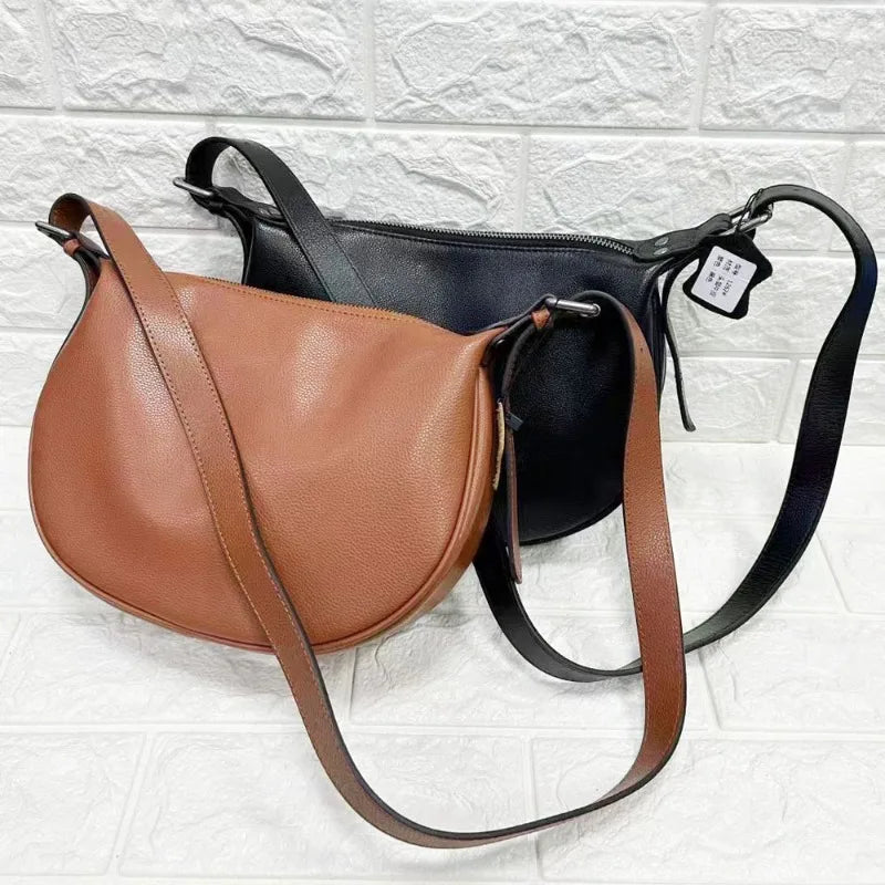 High Quality Genuine Leather Crossbody Saddle Bag Fashion Commuter All-match Solid Shoulder Bags Large Capacity Zipper Handbags