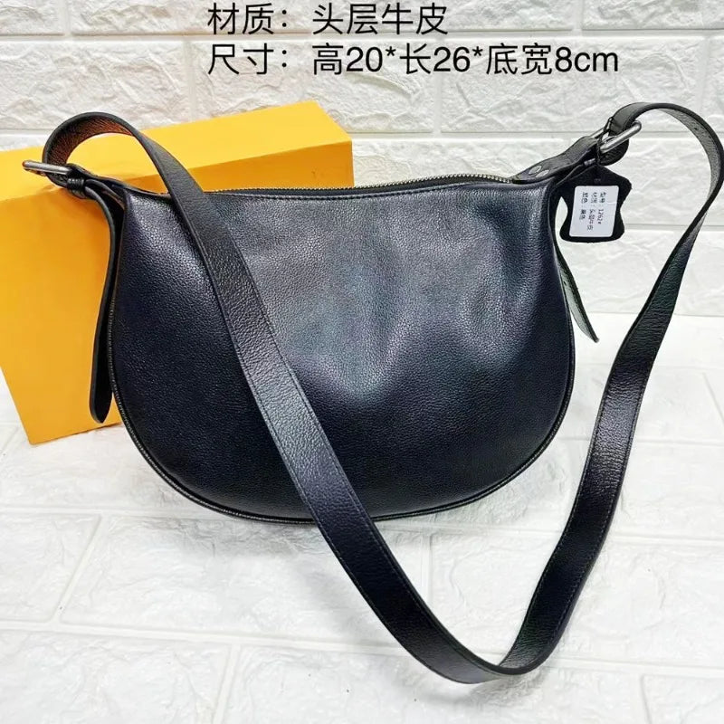 High Quality Genuine Leather Crossbody Saddle Bag Fashion Commuter All-match Solid Shoulder Bags Large Capacity Zipper Handbags