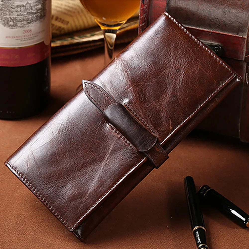 High Quality Genuine Leather Purse Clutch Bag Multi-Capacity Card Holder Money Cell Phone Pocket Oil Wax Cowhide Men Long Wallet