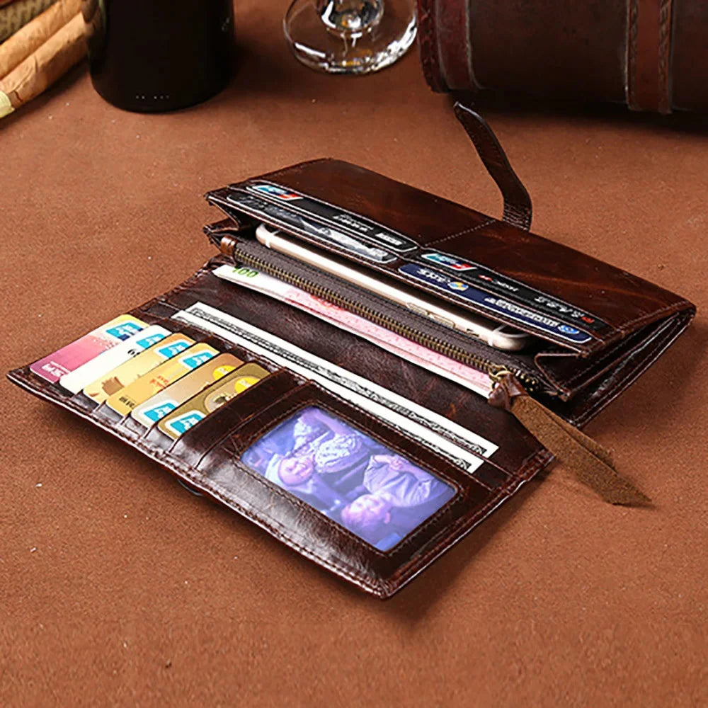 High Quality Genuine Leather Purse Clutch Bag Multi-Capacity Card Holder Money Cell Phone Pocket Oil Wax Cowhide Men Long Wallet