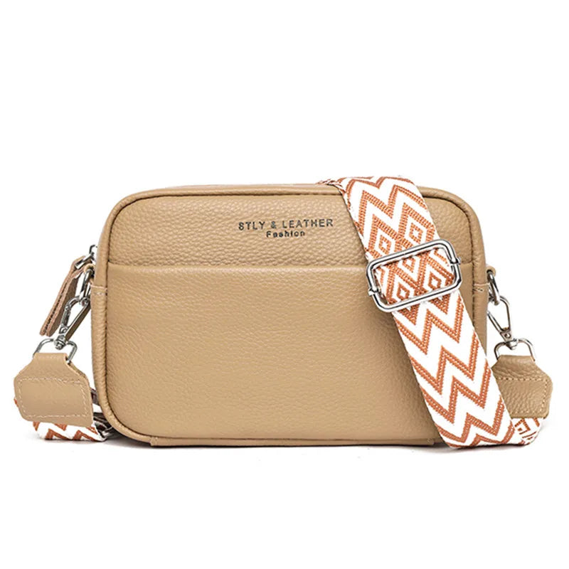High Quality Genuine Leather Shoulder Crossbody Bag for Women 2023 Solid Color Cow Leather Sac Wide Fabric Strap Ladies Handbags