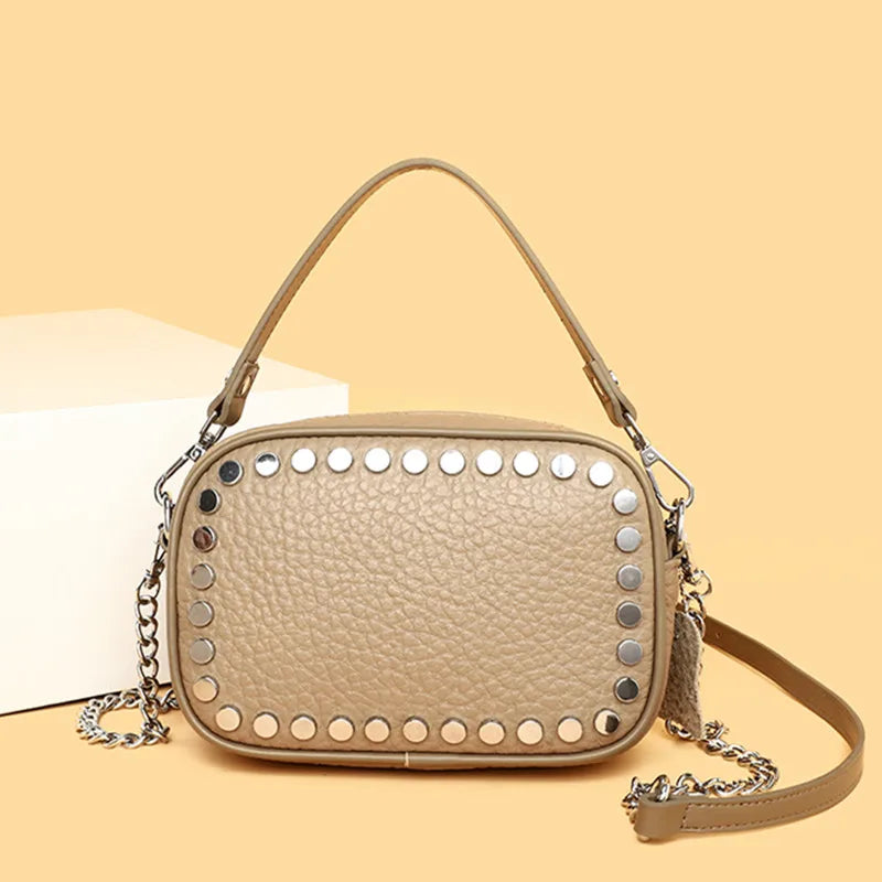 High Quality Genuine Leather Shoulder Crossbody Bags for Wome 2023 Luxury Rivet Chain Cowhide Handbags Female Messenger Tote Sac