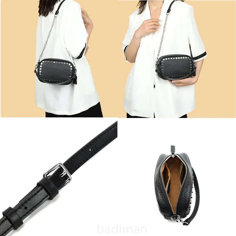 High Quality Genuine Leather Shoulder Crossbody Bags for Wome 2023 Luxury Rivet Chain Cowhide Handbags Female Messenger Tote Sac