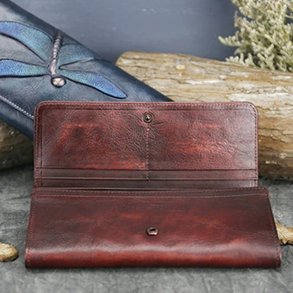 High Quality Genuine Leather Women Clutch Purse ID/Credit Card Cash Holder Dragonfly Pattern Retro Cowhide Money Long Wallets