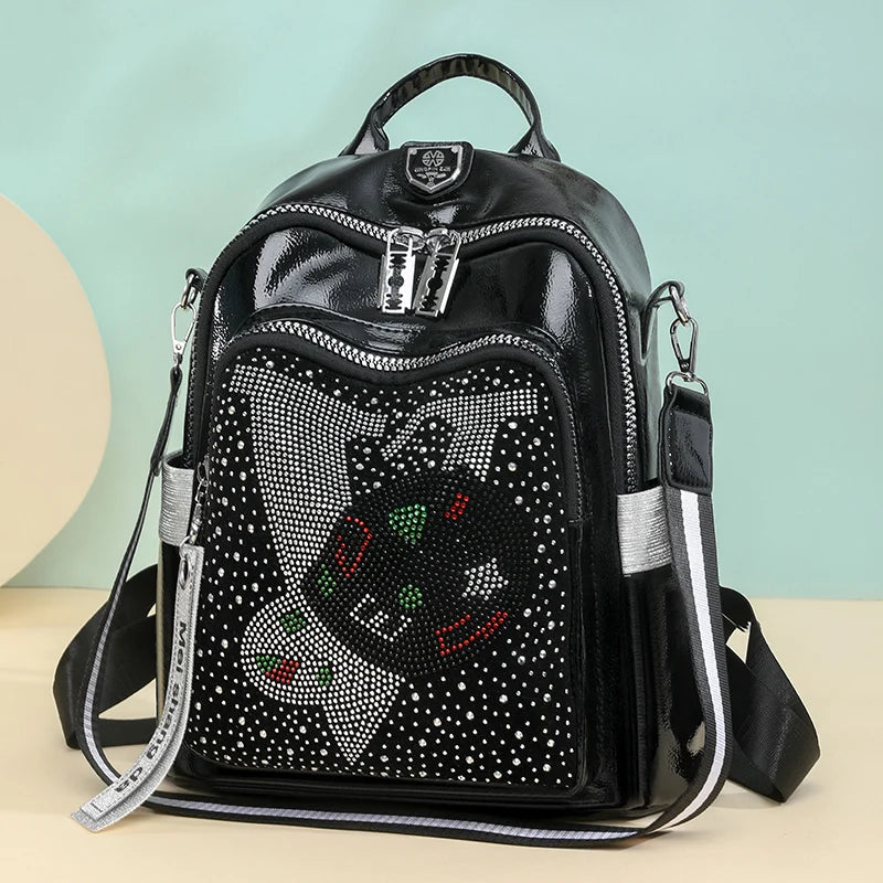 High Quality Leather Multifunctional Backpack With Diamond Stickers Large Capacity Mochilas Luxurious Women's Designer Brand Bag