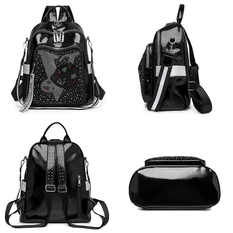 High Quality Leather Multifunctional Backpack With Diamond Stickers Large Capacity Mochilas Luxurious Women's Designer Brand Bag