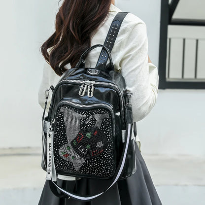 High Quality Leather Multifunctional Backpack With Diamond Stickers Large Capacity Mochilas Luxurious Women's Designer Brand Bag
