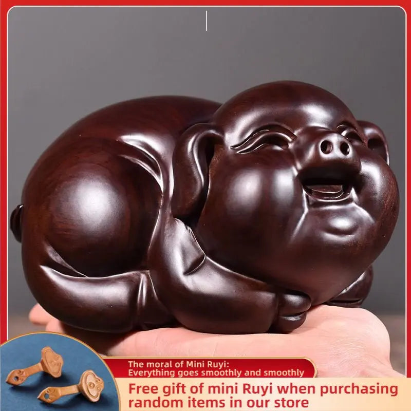 High Quality Lucky Cute Pig Solid Wood Carving Office Decoration Ebony Mahogany Artifact Artware Propitious Gift Mainland China