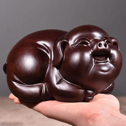 High Quality Lucky Cute Pig Solid Wood Carving Office Decoration Ebony Mahogany Artifact Artware Propitious Gift Mainland China