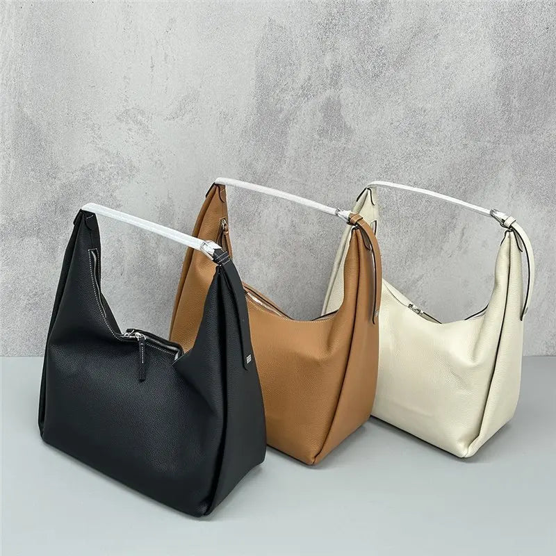 High Quality Luxury Cowhide Handbags Large Capacity Zipper Underarm Tote Bags Women Solid Simple All-match  Commuter Purses