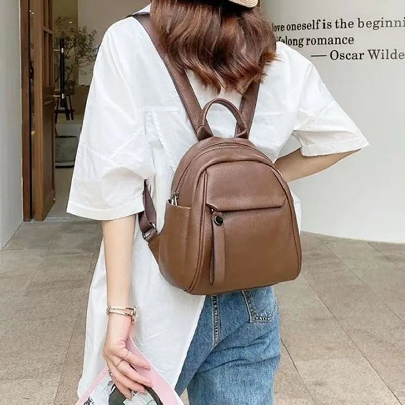 High Quality Luxury Cowhide Ladies Backpacks Fashion All-match Soft Cowhide Student Schoolbagsolid Casual Large Capacity Bolsas