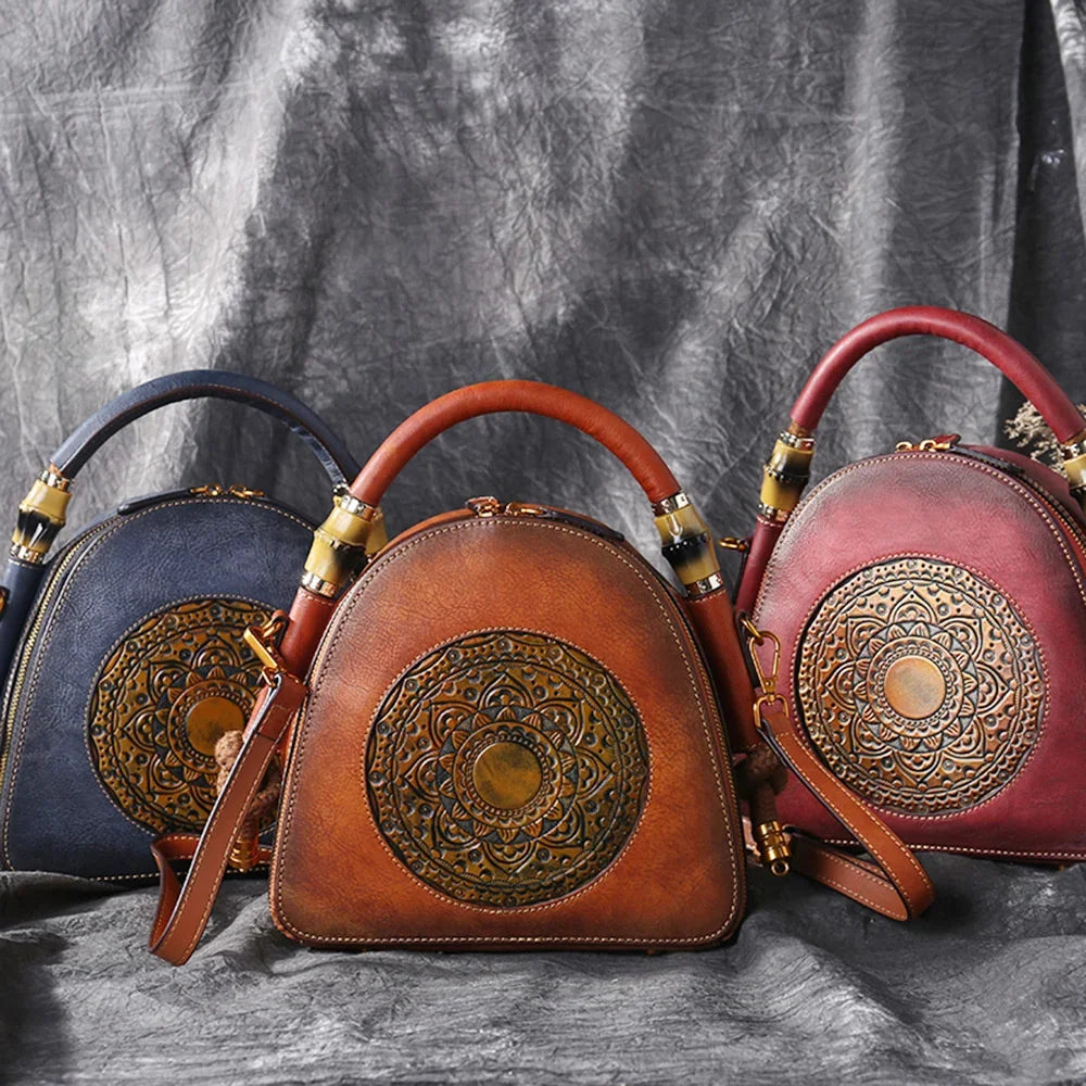 High Quality Luxury Handmade Embossed Women Crossbody New Retro Genuine Leather Shell Ladies Chinese Style Shoulder Bags