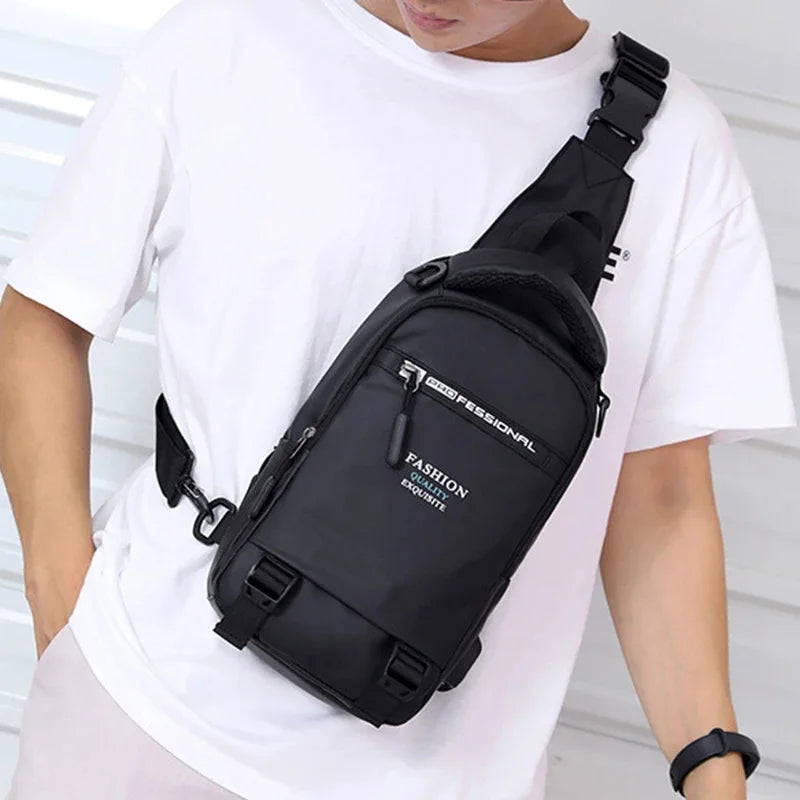 High Quality Male Nylon Knapsack Daypack Messenger Chest Bags with USB Charging Port Small Men Sling Backpack Rucksack Bag