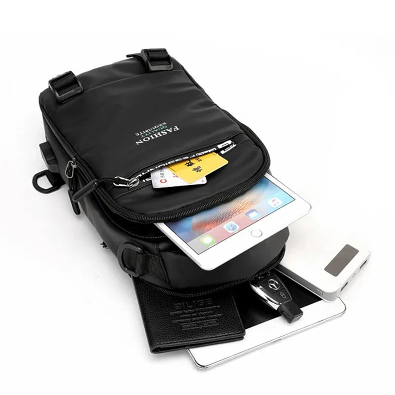 High Quality Male Nylon Knapsack Daypack Messenger Chest Bags with USB Charging Port Small Men Sling Backpack Rucksack Bag