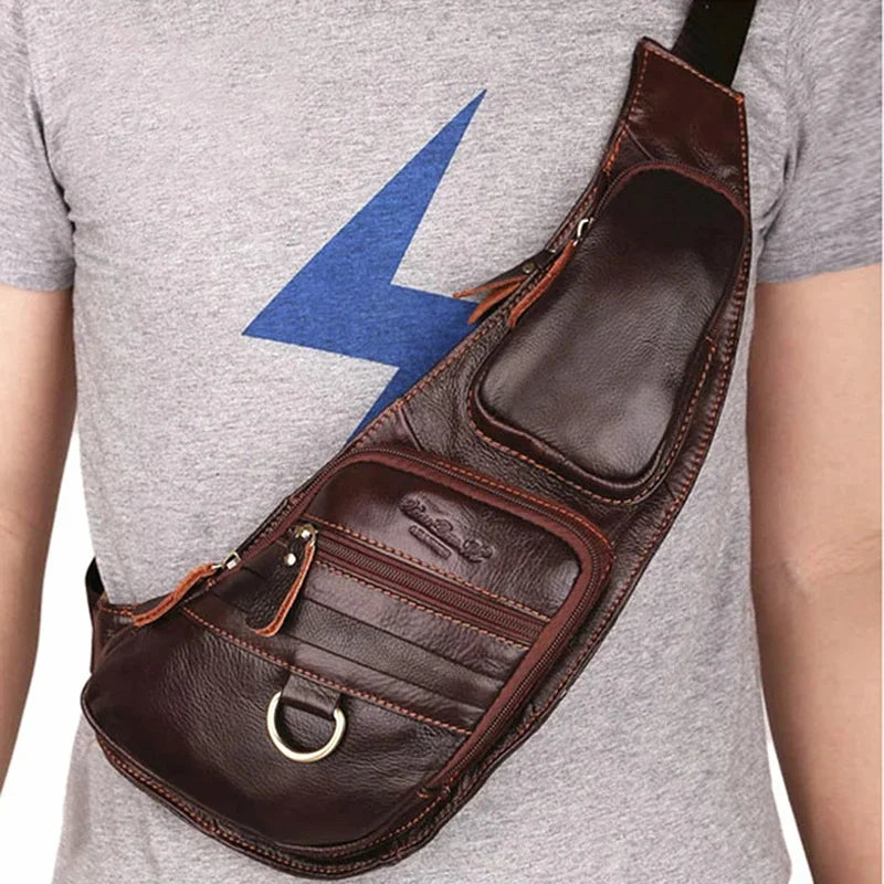 High Quality Men Genuine Leather 100% Real Cowhide Retro Messenger Shoulder Crossbody Bag Vintage Sling Chest Day Pack Half Moon