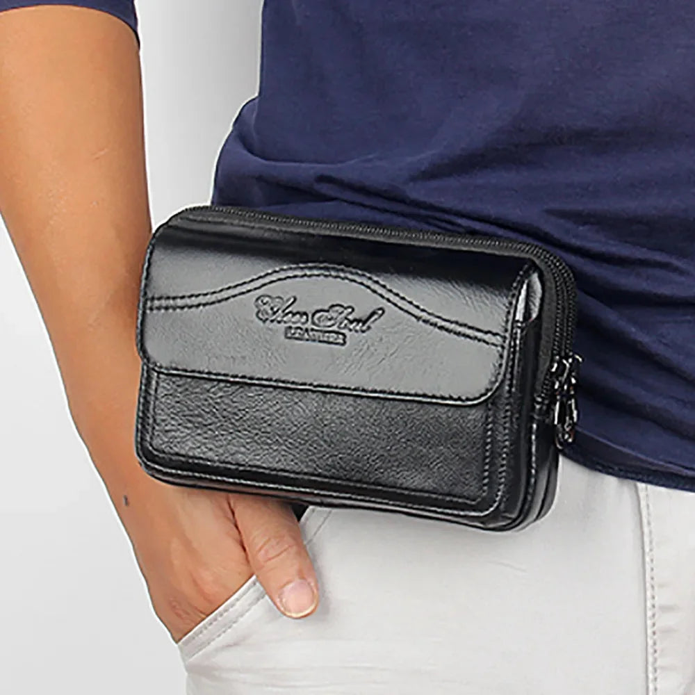 High Quality Natural Skin Mobile Phone Case Fanny Bags Purse Belt Clutch Money Men Genuine Leather Wallet Waist Pack