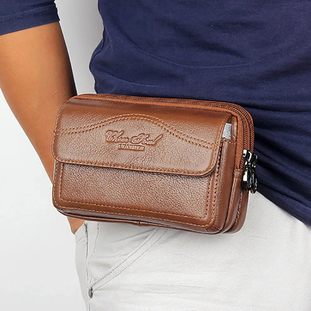 High Quality Natural Skin Mobile Phone Case Fanny Bags Purse Belt Clutch Money Men Genuine Leather Wallet Waist Pack