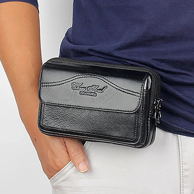 High Quality Natural Skin Mobile Phone Case Fanny Bags Purse Belt Clutch Money Men Genuine Leather Wallet Waist Pack