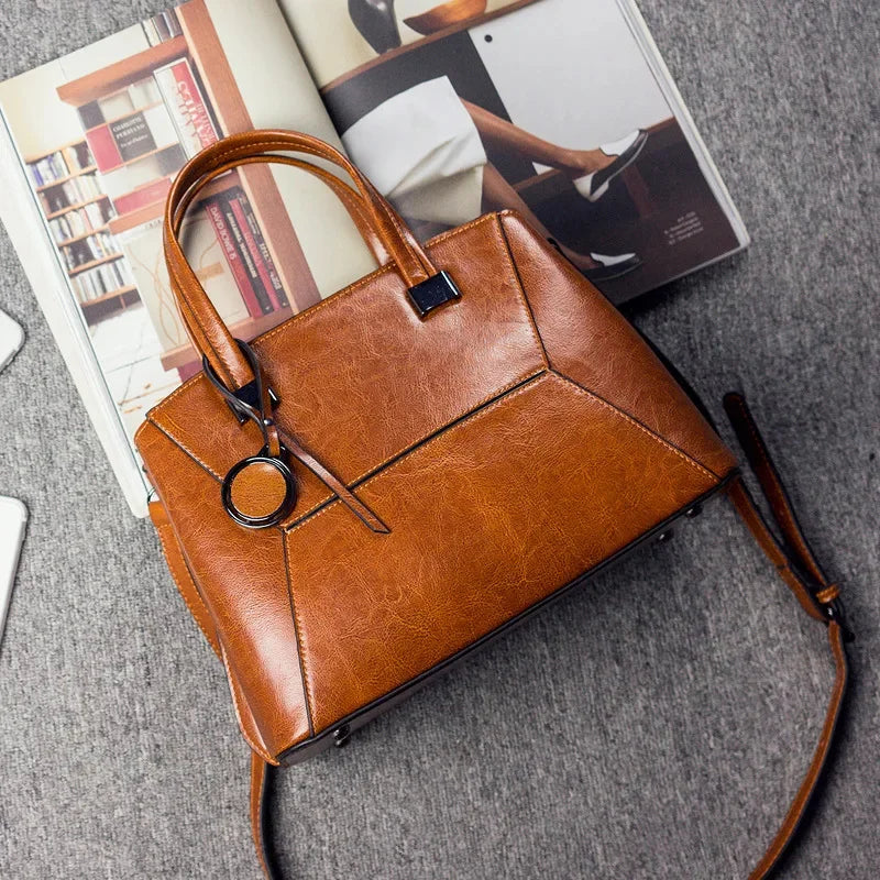 High Quality Oil Wax Cowhide Handbag Crossbody Top Handle Bag Female Tote Luxury Genuine Leather Women Messenger Shoulder Bags