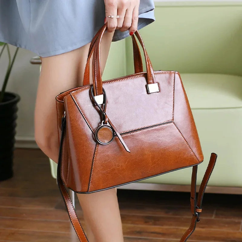 High Quality Oil Wax Cowhide Handbag Crossbody Top Handle Bag Female Tote Luxury Genuine Leather Women Messenger Shoulder Bags