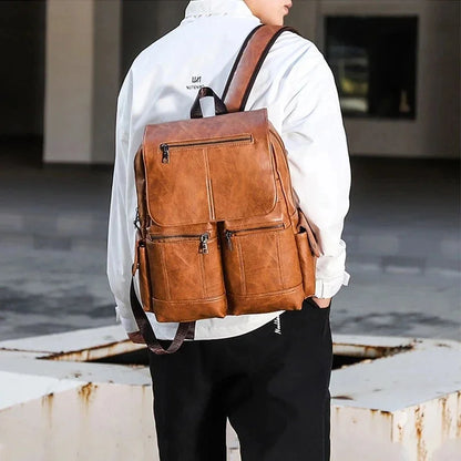 High Quality PU Leather Men's Vintage School For Boys Large Capacity Laptop Bag Multifunction Man Travel Backpack