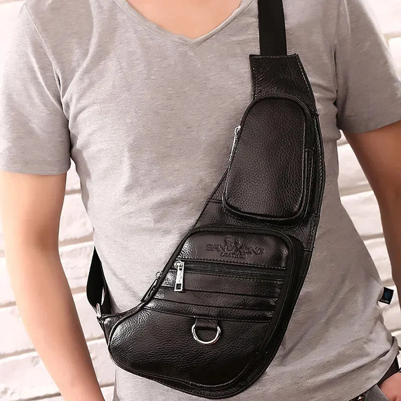 High Quality Real Cowhide Men Shoulder Chest Bags Retro Brand Famous Travel Sling Bag Rucksack Genuine Leather Single Backpack