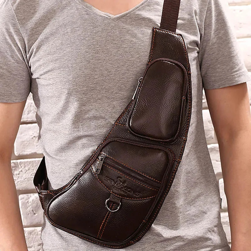High Quality Real Cowhide Men Shoulder Chest Bags Retro Brand Famous Travel Sling Bag Rucksack Genuine Leather Single Backpack