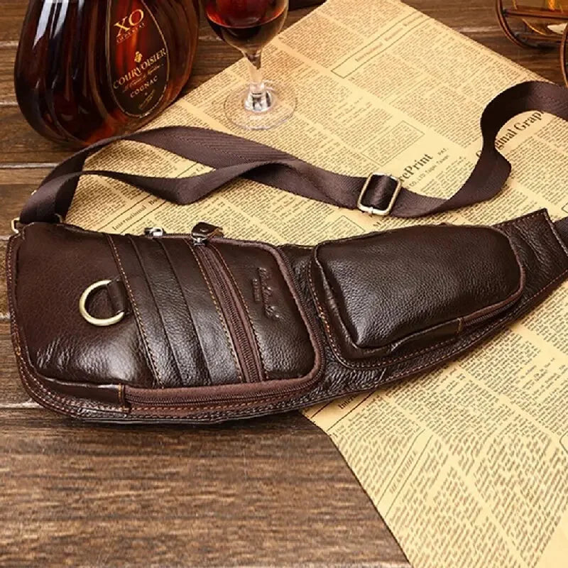 High Quality Real Cowhide Men Shoulder Chest Bags Retro Brand Famous Travel Sling Bag Rucksack Genuine Leather Single Backpack