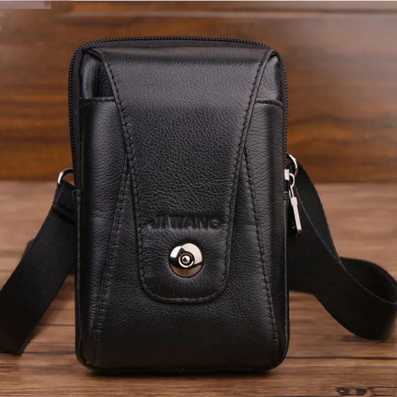 High Quality Real Cowhide Men Shoulder Fanny Belt Pack Purse Hip Bum Fashion Cell Phone Case Genuine Leather Waist Hook Bags New