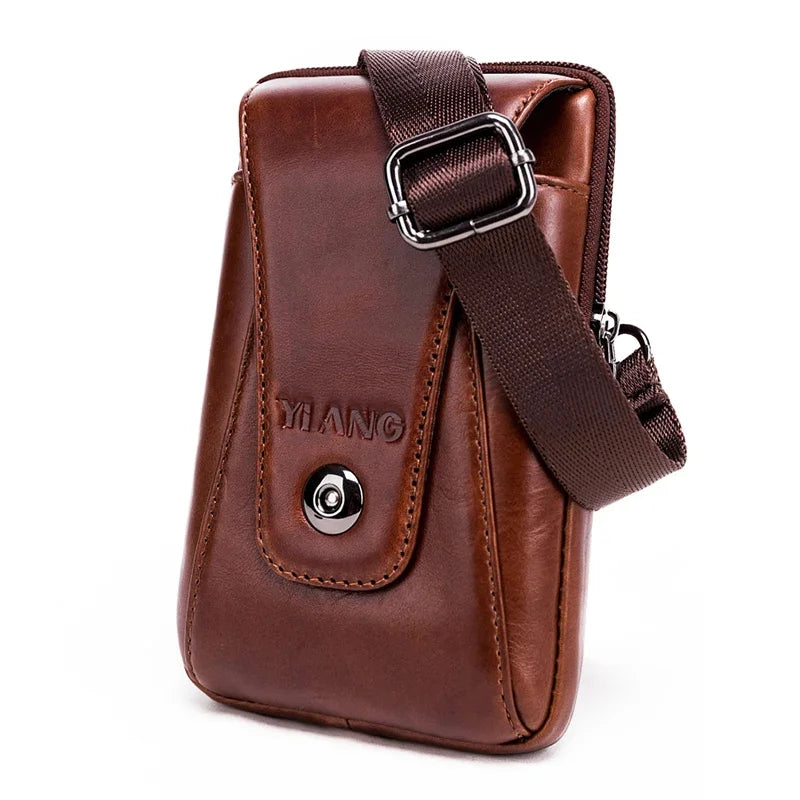 High Quality Real Cowhide Men Shoulder Fanny Belt Pack Purse Hip Bum Fashion Cell Phone Case Genuine Leather Waist Hook Bags New