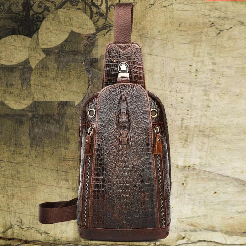 High Quality Real Leather Men Messenger Shoulder Cross body Bag Oil Wax Cowhide Travel Crocodile Pattern Sling Chest Back Pack