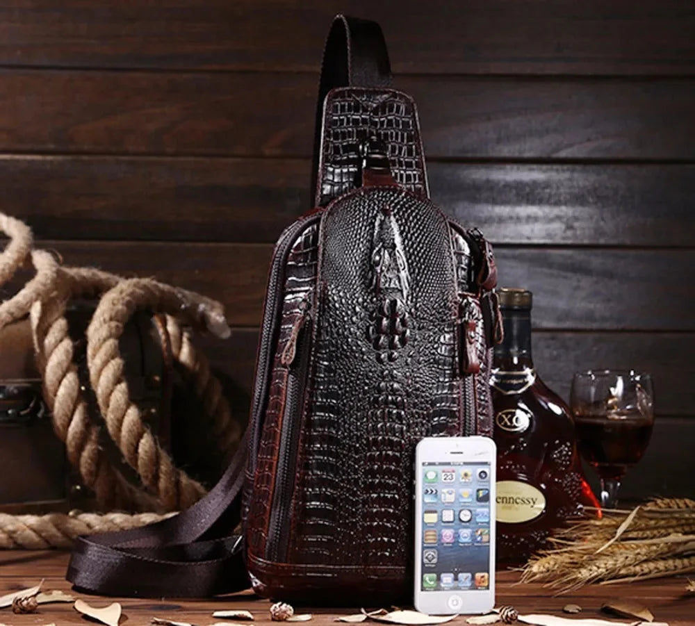 High Quality Real Leather Men Messenger Shoulder Cross body Bag Oil Wax Cowhide Travel Crocodile Pattern Sling Chest Back Pack