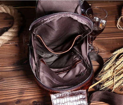 High Quality Real Leather Men Messenger Shoulder Cross body Bag Oil Wax Cowhide Travel Crocodile Pattern Sling Chest Back Pack