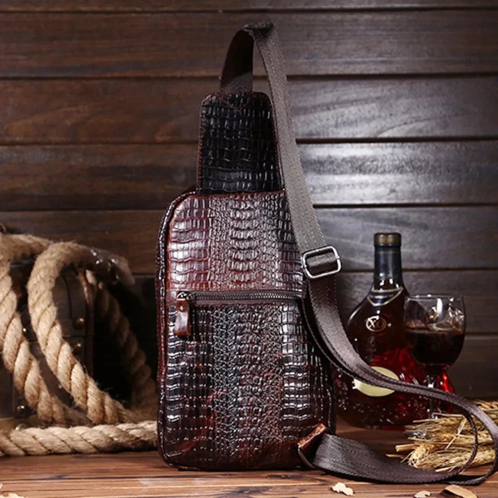 High Quality Real Leather Men Messenger Shoulder Cross body Bag Oil Wax Cowhide Travel Crocodile Pattern Sling Chest Back Pack