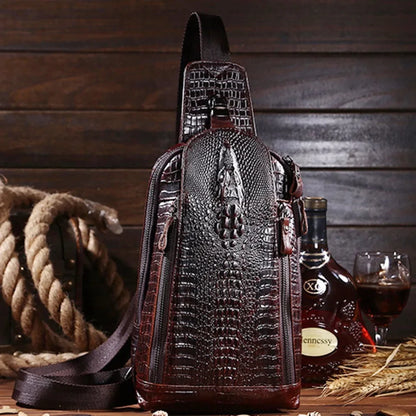 High Quality Real Leather Men Messenger Shoulder Cross body Bag Oil Wax Cowhide Travel Crocodile Pattern Sling Chest Back Pack