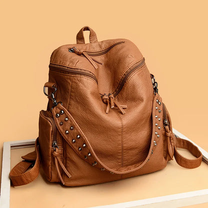 High Quality Rivet Soft Leather Backpacks for Women 2022 Fashion Luxury Ladies Shoulder Bag Large Capacity School Bags Backpack