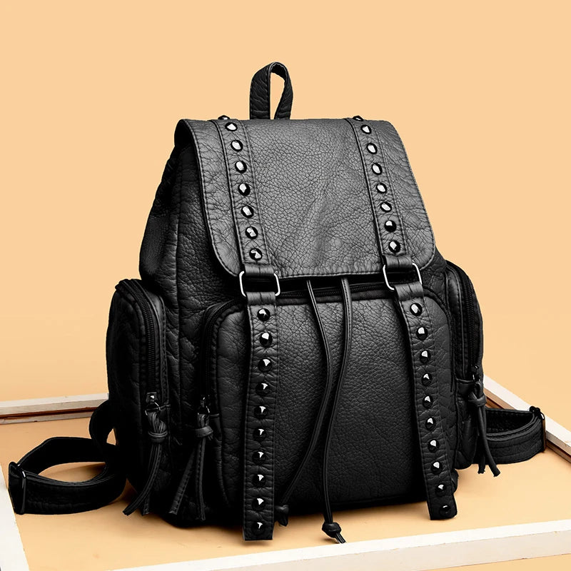 High Quality Rivet Soft Leather Women Backpacks Designer Large Capacity Female School Backpack Ladies Shoulder Tote Women's Bag