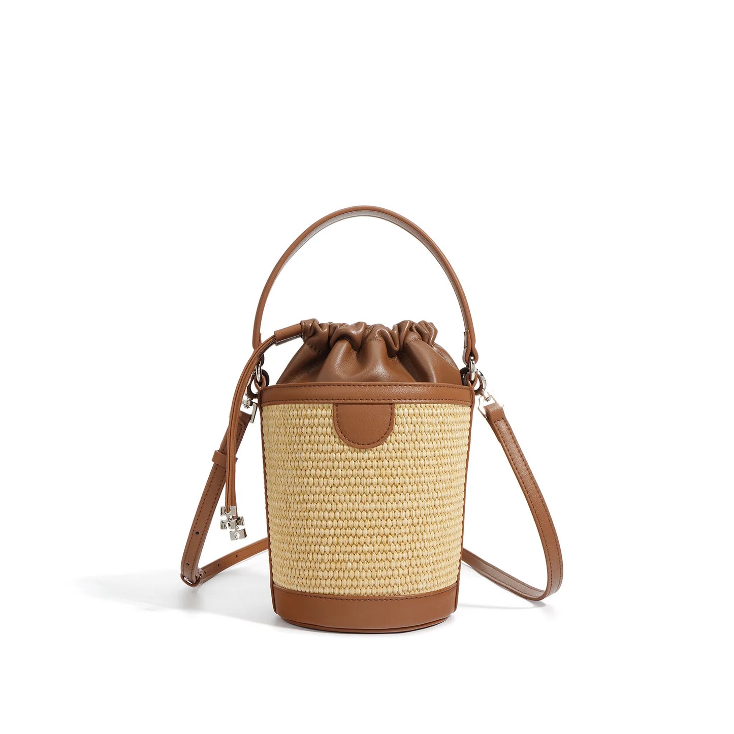 High Quality Sheepskin Patchwork Straw Bag Fashion Large Capacity Contrast Color Drawstring Bucket Bag Versatile Commuter Bolsas