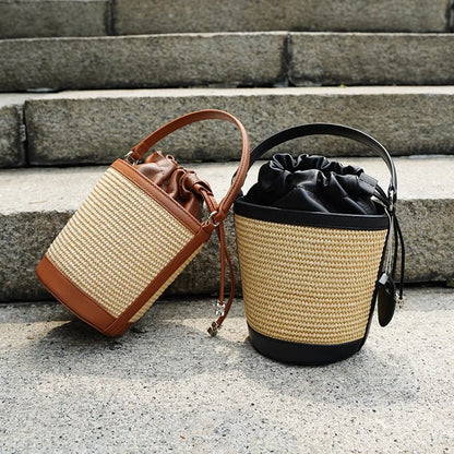 High Quality Sheepskin Patchwork Straw Bag Fashion Large Capacity Contrast Color Drawstring Bucket Bag Versatile Commuter Bolsas